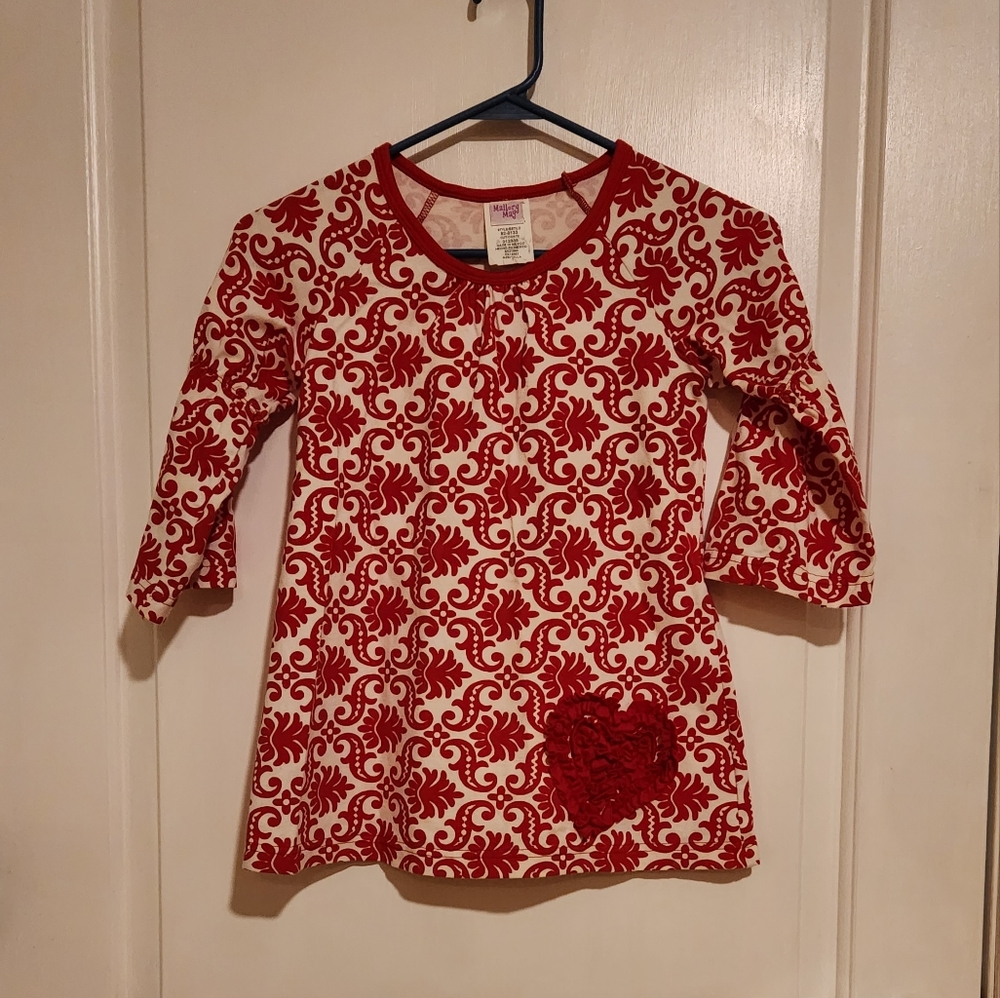Mallory May girls size 7 top in red and white embellished with ruffled heart